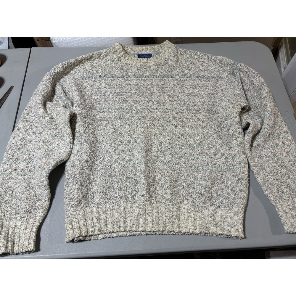 Rare Vintage PEN WEST  Square Knit  Wool Crew Neck‎ Sweater 80s 90s Cream SZ L